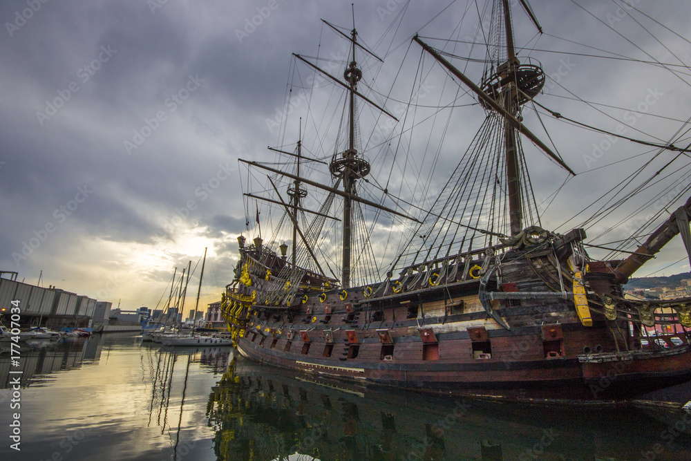 The Neptune, a ship replica of a 17th-century Spanish galleon built in 1985 for Roman Polanski's film Pirates. Currently an attraction in the port of Genoa, Italy The Neptune, a ship replica of a 17th-century Spanish galleon built in 1985 for Roman Polanski's film Pirates. Currently an attraction in the port of Genoa, Italy