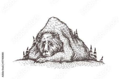 Let it snow. Cute and lovely handsketched illustration of old sleeping bear, looks like a mountain, into the woods. Forest bear, winter mood, christmas card. Seasonal greetings.