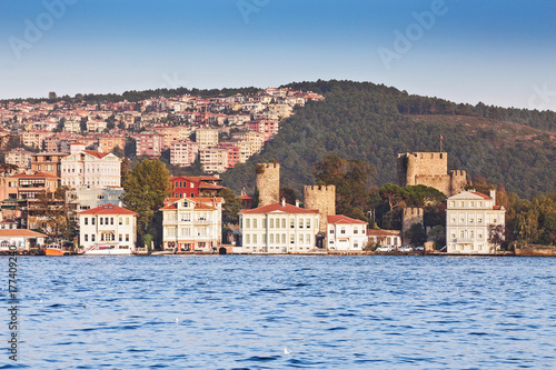Ancient fortress Rumelihisar and palace on the coast of the Marmara Sea, view from the side of the Bosphorus Strait