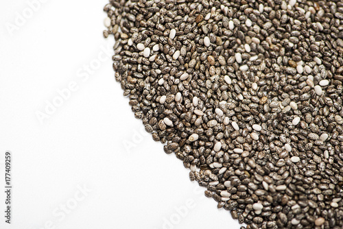 Chia seeds on white background. Isolated. Copy space.