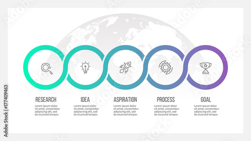 Business process. Timeline infographics with 5 options, circles. Vector template.