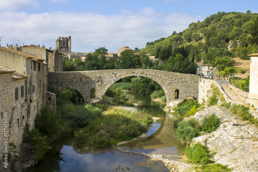 Views of the Abbey of St. Mary of Lagrasse (abbaye Sainte-Marie) and the Old Bridge (Pont-Vieux), France
