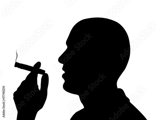 Black vector silhouette of man smoking a cigar isolated on white background