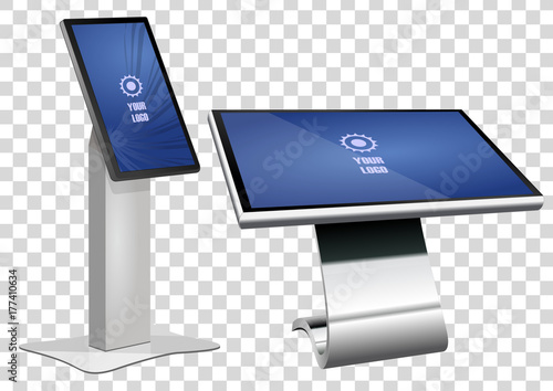 Two Promotional Interactive Information Kiosk, Advertising Display, Terminal Stand, Touch Screen Display isolated on transparent background. Mock Up Template.
