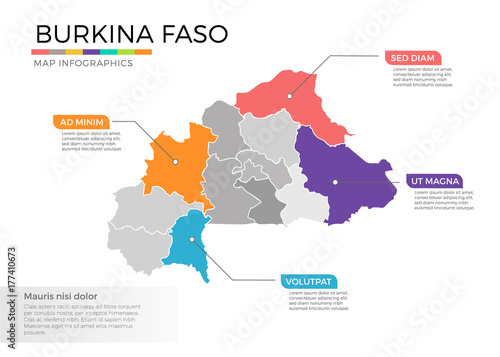 Burkina map infographics vector template with regions and pointer marks