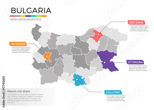 Bulgaria map infographics vector template with regions and pointer marks