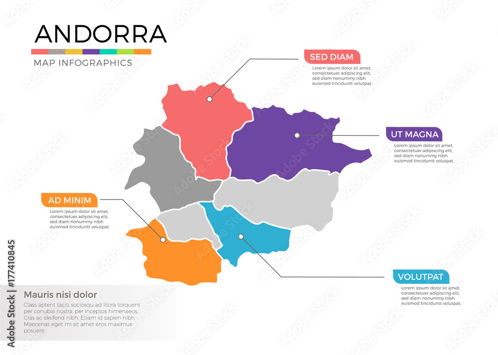 Andorra map infographics vector template with regions and pointer marks Andorra map infographics vector template with regions and pointer marks