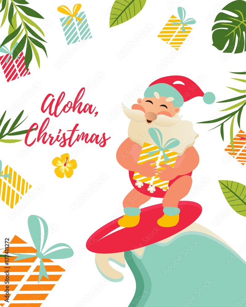 Holiday greeting card with tropical background and Aloha Santa Claus