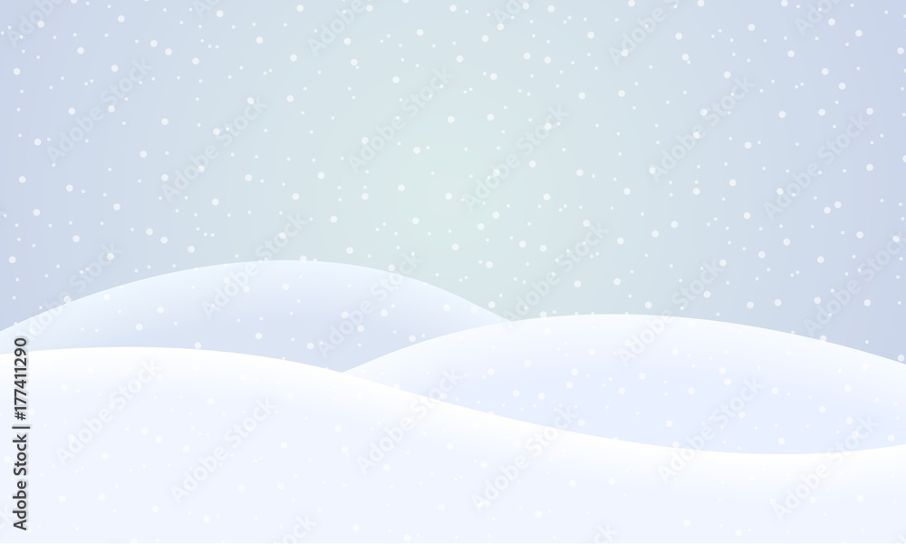 Vector flat design illustration of a snowy winter landscape with hills and snowflakes on a winter day - suitable for Christmas greeting