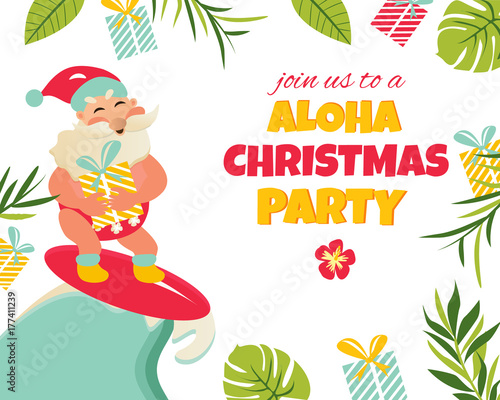 Holiday greeting card with tropical background and Aloha Santa Claus