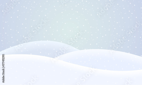 Vector flat design illustration of a snowy winter landscape with hills and snowflakes on a winter day - suitable for Christmas greeting