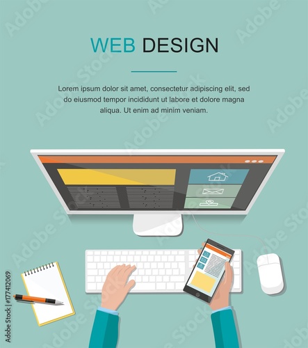 Man working with computer. Responsive web design. Flat vector design style concept.