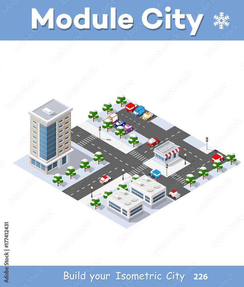 Winter Christmas urban quarter modules for the construction of a large isometric metropolis city perspective