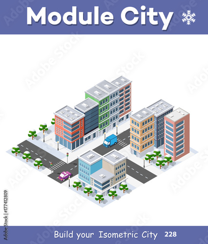 Winter Christmas urban quarter modules for the construction of a large isometric metropolis city perspective