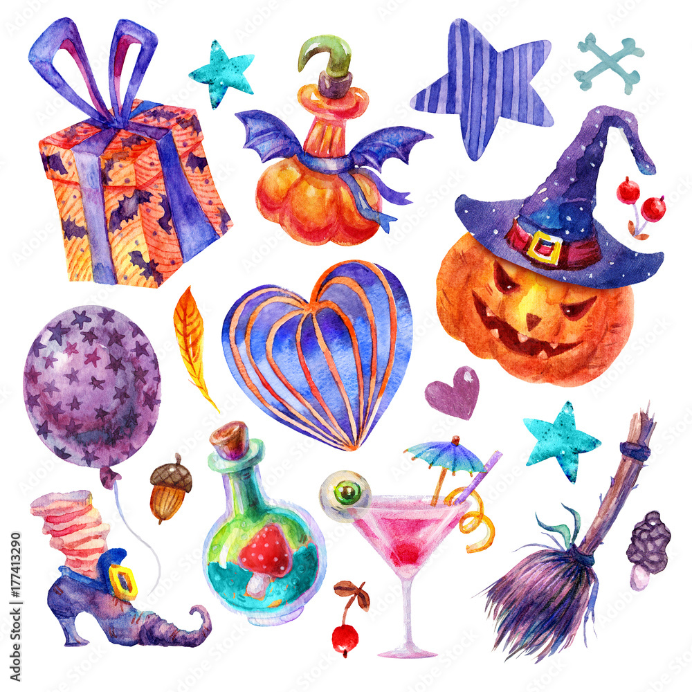 Cute Watercolor set halloween party. Balloon, zombie cocktail, gift, star, heart, potion, eye, broom, fly agaric,pumpkin in hat,berry,leaf,witch's boot, bone illustrations isolated on white background