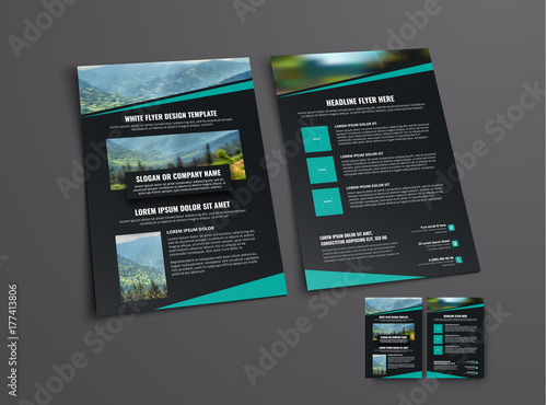 template for the front and back pages of a black flyer with a diagonal line for the photo
