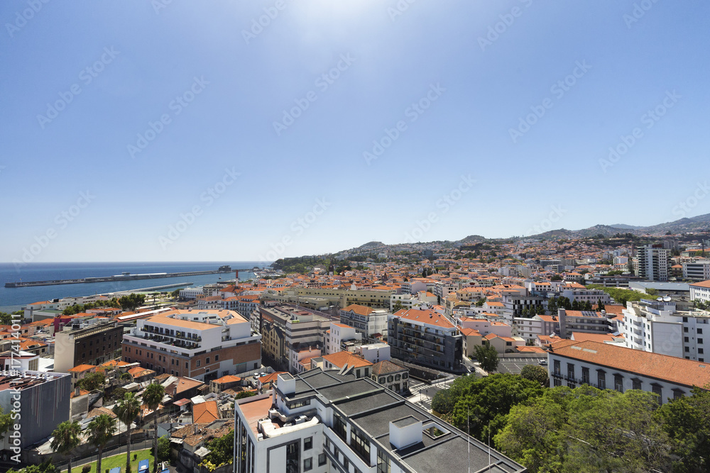 Aerial view of Funchal with the ocean in the distance on the island of Madeira, Portugal.