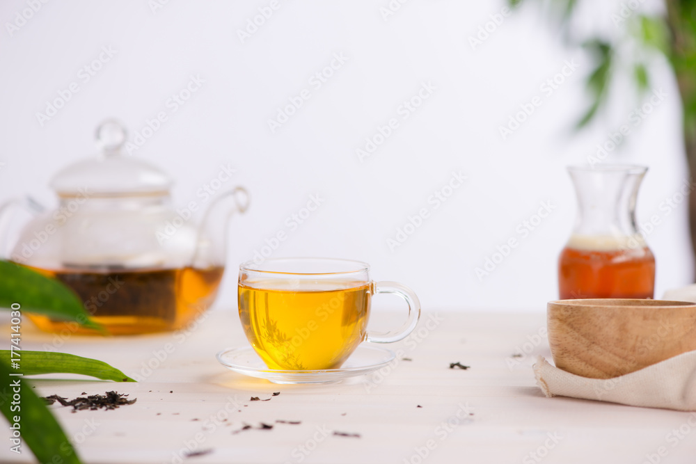 Cups of tea on wooden table background Cups of tea on wooden table background