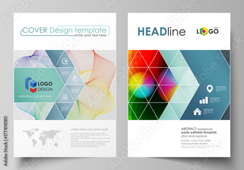 Business templates for brochure, flyer, booklet, report. Cover template, flat vector layout in A4 size. Colorful design, overlapping geometric shapes and waves forming abstract beautiful background.