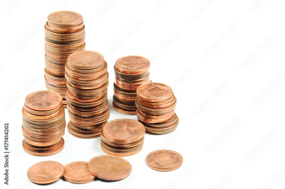 Stack of Eurocent coins on white background. Stack of Eurocent coins on white background.