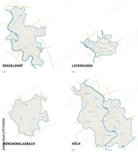 Karten der Städte Köln, Düsseldorf, Mönchengladbach und Leverkusen.