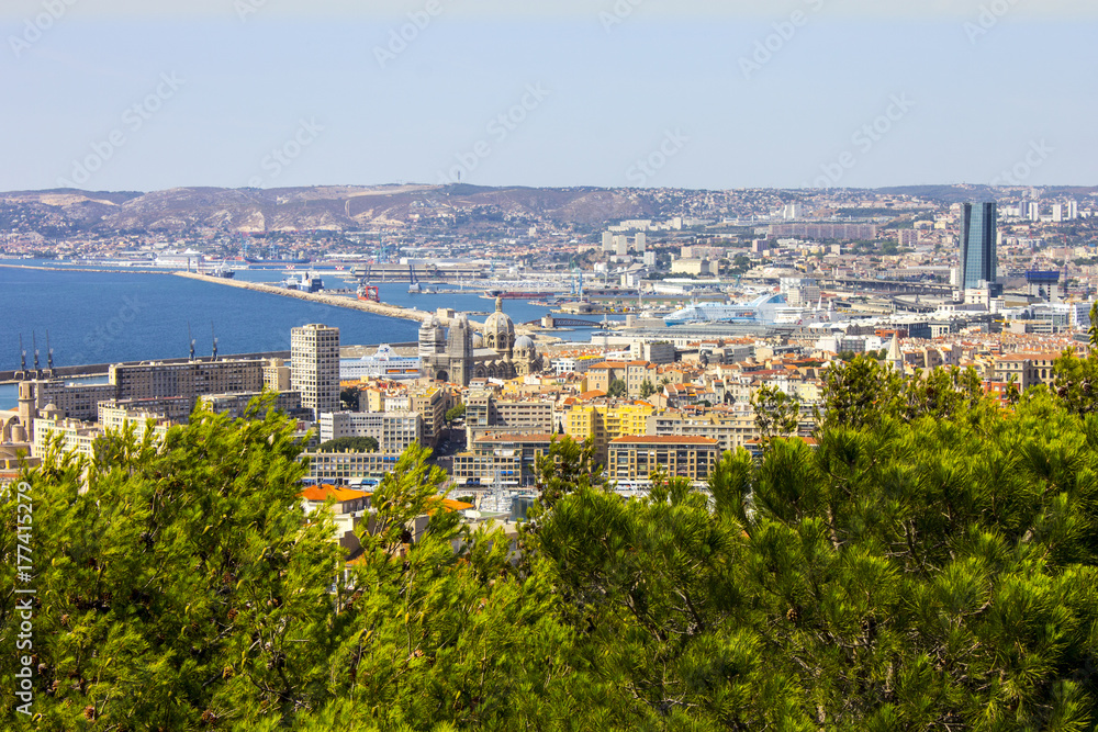 Views of Marseille, France's second largest city, from the church of Notre-Dame de la Garde on a beautiful summer day