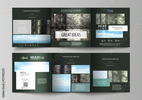 Templates for tri fold square design brochures. Leaflet cover, vector layout. Colorful background made of triangular or hexagonal texture, travel business, natural landscape, polygonal style.