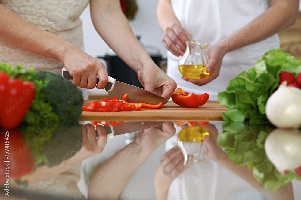 Close-up of human hands cooking in a kitchen. Friends having fun while preparing fresh salad. Vegetarian, healthy meal and friendship concept Close-up of human hands cooking in a kitchen. Friends having fun while preparing fresh salad. Vegetarian, healthy meal and friendship concept