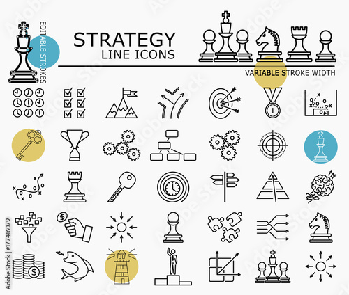 Strategy line icons with minimal nodes and editable stroke width and style