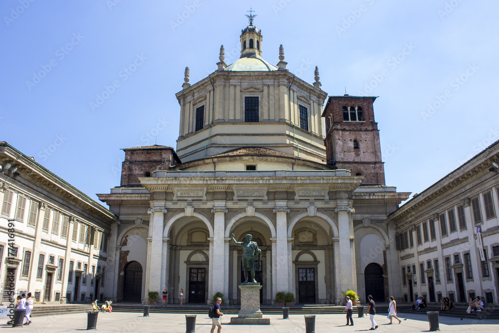 Bronze statue of the Roman Emperor Constantine in front of the Basilica of San Lorenzo Maggiore, an important place of catholic worship located in Milan, Italy