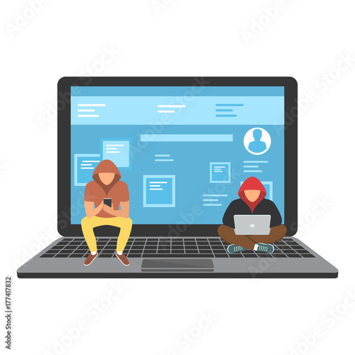 Vector illustration of young hackers sitting on the laptop trying to hack into the security system.