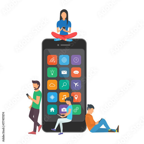 Young children are near a large smartphone and using phones to read news and communicate.