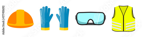 Safety equipment flat vector illustration, isolated on white background. Construction helmet, blue safety gloves, transparent glasses, neon safety vest front view.
