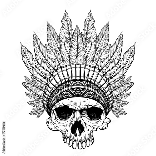 Hand Drawn Native American Indian Headdress With Human Skull. Vector Illustration Of Indian Tribal Chief Feather Hat And Skull