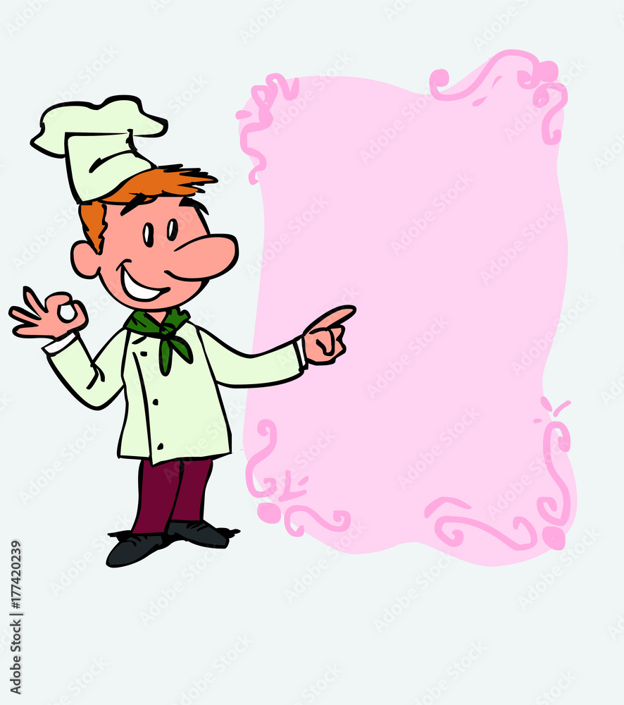 Happy white chef makes the gesture of ok. Is showing, as if he were in front of a blackboard, the data you want.