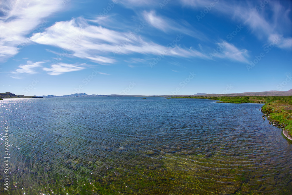 Panoramic view on tne Thingvallavatn lake in Thingvellir National Park, largest natural lake in Iceland. Travel to Iceland.