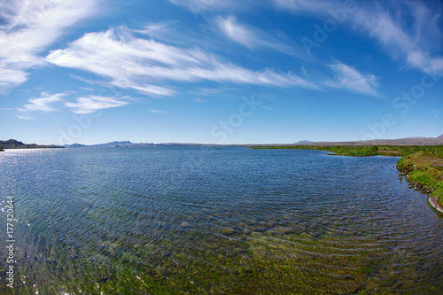 Panoramic view on tne Thingvallavatn lake in Thingvellir National Park, largest natural lake in Iceland. Travel to Iceland.