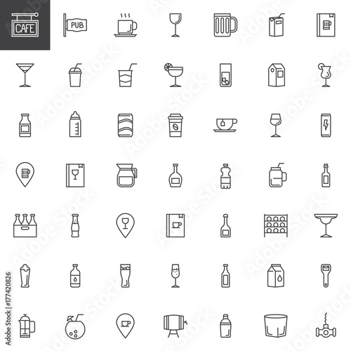 Cafe, bar drinks and beverages line icons set, outline vector symbol collection, linear style pictogram pack. Signs, logo illustration. Set includes icons as cocktails, pub, menu, champagne, corkscrew