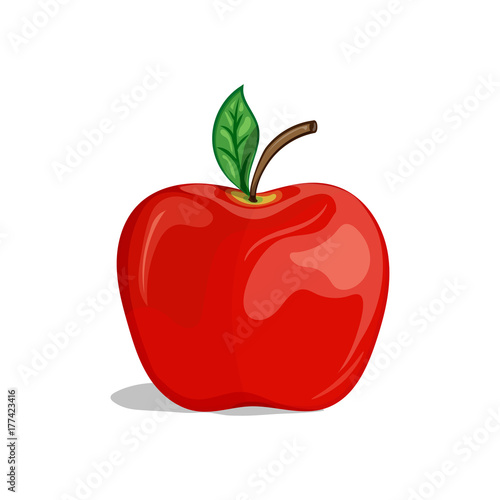 Red sweet apple with a twig and leaf. Vector illustration