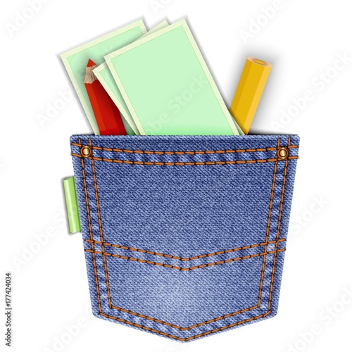 Denim pocket isolated on white background with pencils and business card templates.
