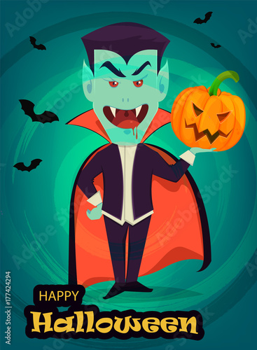 Halloween invitation or greeting card. Funny vampire holding pumpkin, cute cartoon character