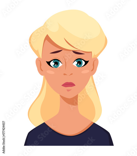 Face expression of a blonde woman - frustration. Female emotions.