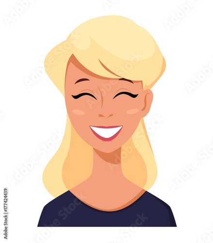 Face expression of a blonde woman - laughing. Female emotions.