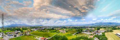 Aerial panoramic view of Lucca Countryside. City and mountains, Tuscany - Italy