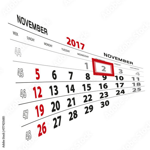 November 2, highlighted on 2017 calendar. Week starts from Sunday.