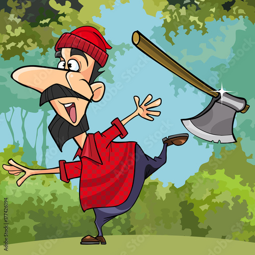 cartoon funny lumberjack throwing axe in the woods