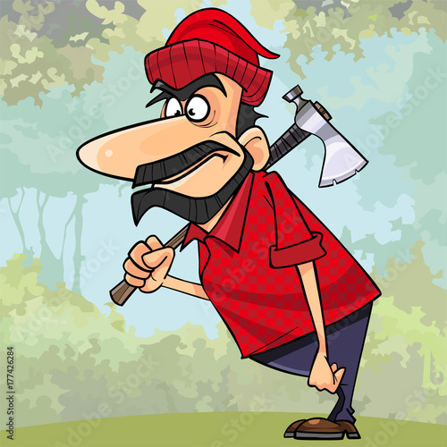 cartoon surprised man lumberjack standing with an axe in the woods