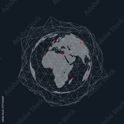 World network connection vector illustration with abstract polygonal wireframe net and red points