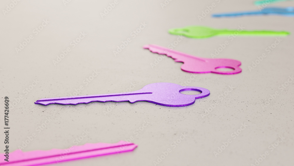 Long isolated line of brightly colored house keys on a neutral surface Long isolated line of brightly colored house keys on a neutral surface