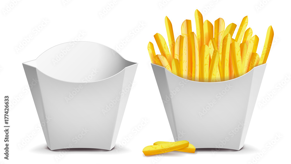 French Fries Vector. White Empty Blank Paper Bag. Fast Food Icons